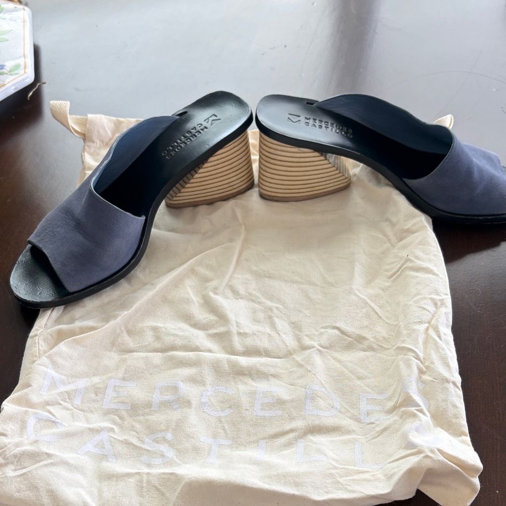 MERCEDES CASTILLO Navy Suede Open-Toe Slide Mules - Picture 2 of 8